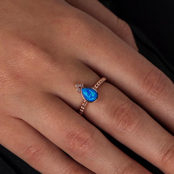 Blue Opal Ring, Blue Opal Gold Ring, Teardrop Ring, Opal Jewelry