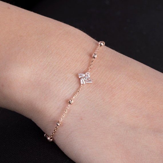 Elegant CZ Baguette Bracelet: Dainty Gold Ball Chain for Bridesmaids & Brides - Wedding Jewelry Gift