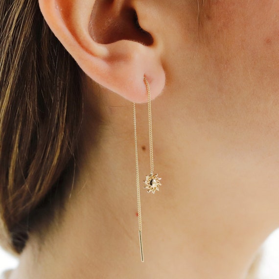 14k Gold Sun Threader Earrings: Dainty Minimalist Sunburst Charm for Celestial Fashion Lovers