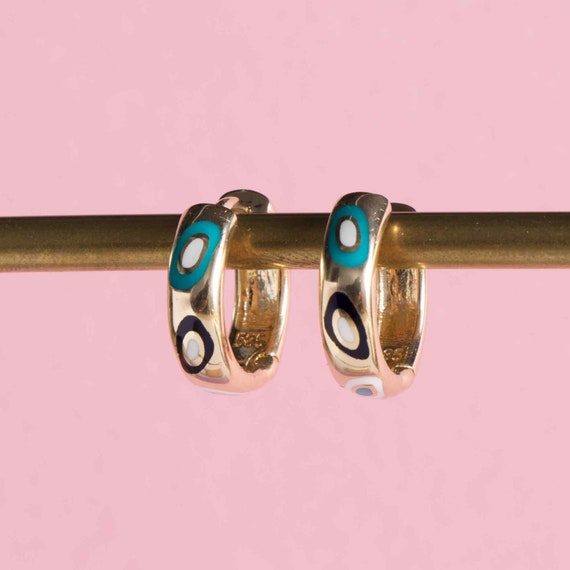 14k Solid Gold Evil Eye Huggie Hoop Earrings - Dainty Minimalist Protection Jewelry