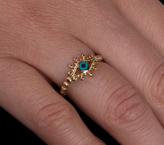 Gold Evil Eye Ring,  Wrap Around Ring, Rose Gold Evil Eye Ring, Enamel Evil Eye Ring, Adjustable