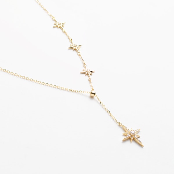 Gold Vermeil Star Lariat Necklace: Adjustable CZ Y Necklace