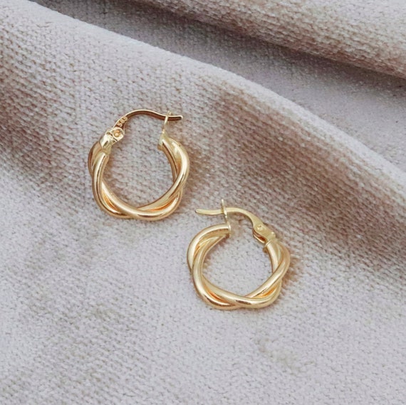 14K Solid Gold Hoop Earrings, Twisted Hoop Earrings, Gold Huggie Hoops, Small Hoop Earrings