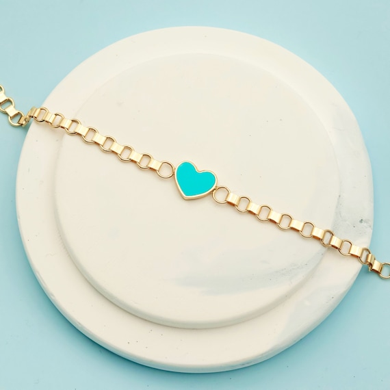 Dainty 14k Solid Gold Heart Bracelet with Blue Enamel - Elegant Gift for Love and Special Occasions