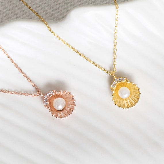 Gold Pearl Necklace, Shell Necklace, Bridesmaid Necklace, Rose Gold Pearl Pendant, Bridal Necklace, Gift For Her