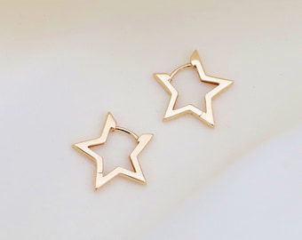 14k Gold Celestial Star Huggie Hoops: Minimalist Dainty Geometric Jewelry for Second Hole Piercing