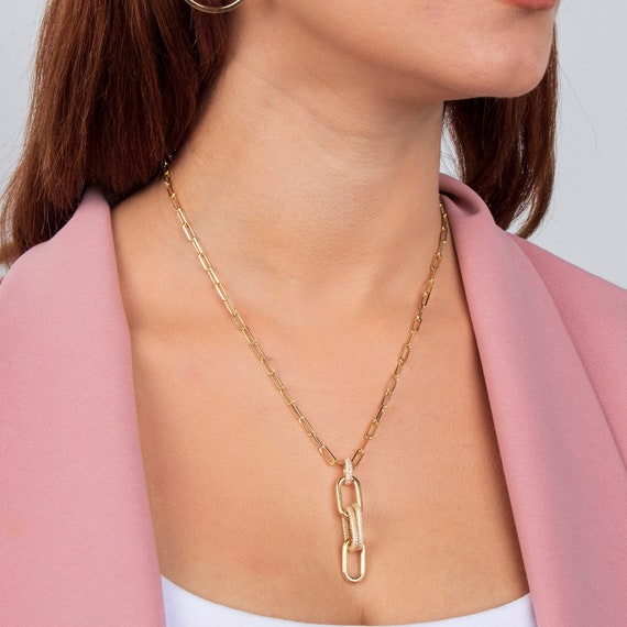 Chunky Paperclip Necklace, Gold Link Chain Necklace, CZ Statement Necklace, Interlocking Necklace, Gift For Her