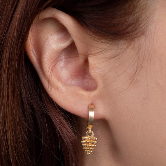 Pinecone Earrings, Huggie Hoop Earrings, Dangle and Drop Earrings, Gold Pinecone Earrings