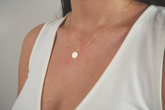 Dainty 14k Solid Gold Disc Necklace, 14k Coin Necklace, Personalized Gold Disc Pendant For Necklace, Christmas Gift