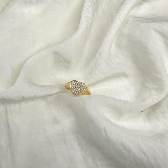 14K Gold Heart Ring - Dainty Pave Diamond Ring - Gold Signet Ring - Sparkly Heart Promise Ring - Minimalist Gold Jewelry - Gift for Her