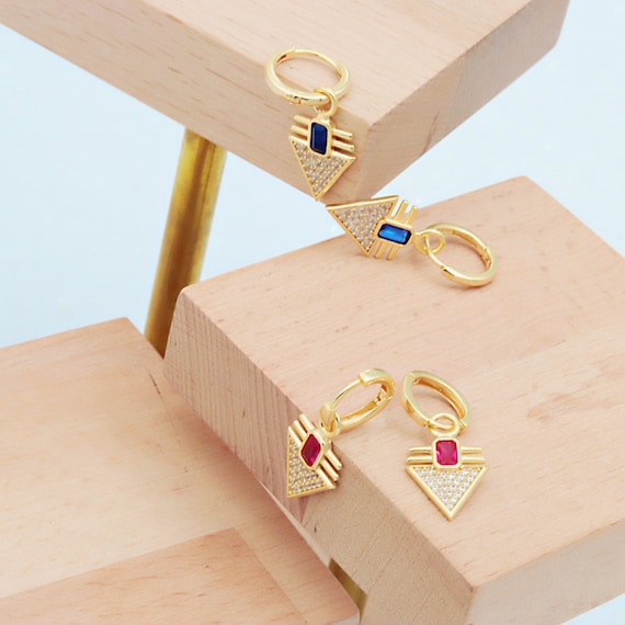 Vibrant Triangle Gemstone Earrings: Colorful CZ Minimalist Jewelry for Women, Navy Blue & Red Design