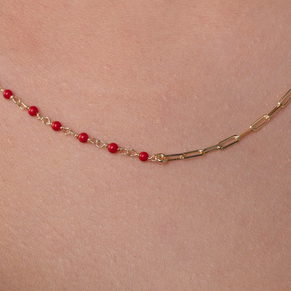 Elegant Coral Gemstone Choker: Minimalist Beaded Chain Necklace, Handmade Gift for Women