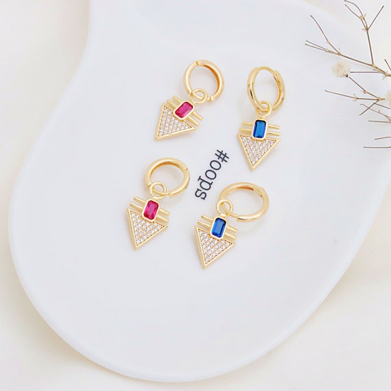Vibrant Triangle Gemstone Earrings: Navy Blue, Red & Colorful CZ Minimalist Jewelry for Women