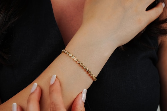 14K Gold Bezel Set Diamond Bracelet - Dainty Gold Tennis Bracelet - Elegant Gold Link Bracelet - Delicate Everyday Jewelry Gift for Her