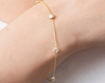 Station Bracelet, Dainty Cz Bracelet, Satellite Chain Bracelet, Dainty Gold Chain Bracelet, Bridesmaid Gift
