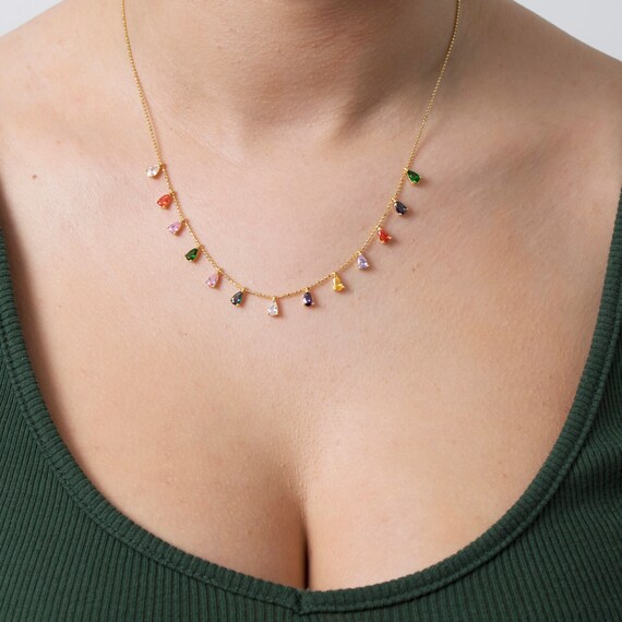 Multi Color Station Necklace, Gemstone Necklace, Station Necklace, Gemstone By The Yard Necklace, Dainty Gold Necklace, Colorful Necklace