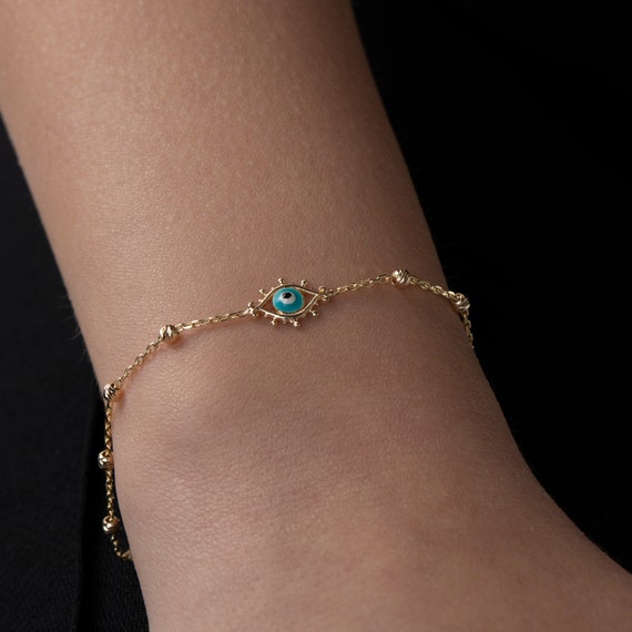 Evil Eye Bracelet, Gold Tiny Evil Eye Bracelet, Protection Bracelet, Beaded Chain Evil Eye Bracelet, Gift For Her