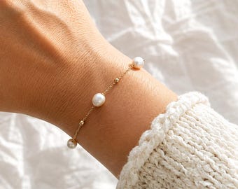 14K Gold Vermeil Pearl Bracelet: Dainty Freshwater Pearl Chain