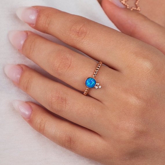 Elegant Blue Opal Gold Ring - Dainty Adjustable Birthstone Jewelry for Women