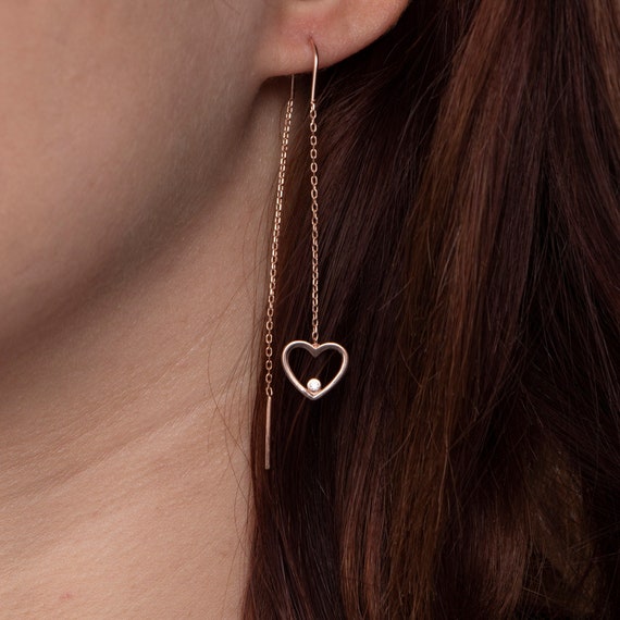 Delicate Gold Heart Threader Earrings: Minimalist Dangle Chain Jewelry Gift for Women