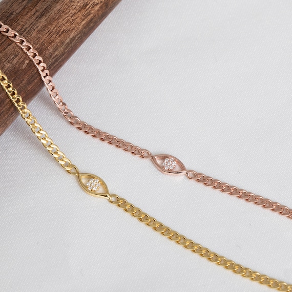 Gold Evil Eye Bracelet, CZ Rose Gold Eye Bracelet, Dainty Gold Bracelet, Protection Bracelet, Evil Eye Jewelry