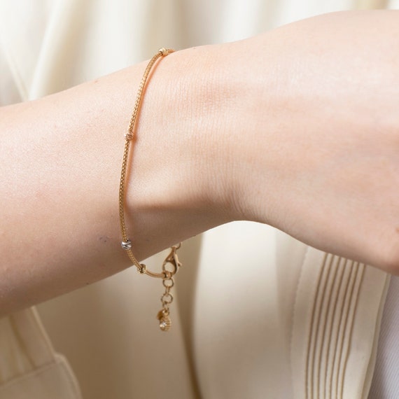 Delicate 14k Solid Gold Beaded Chain Bracelet - Elegant Birthday Gift for Her