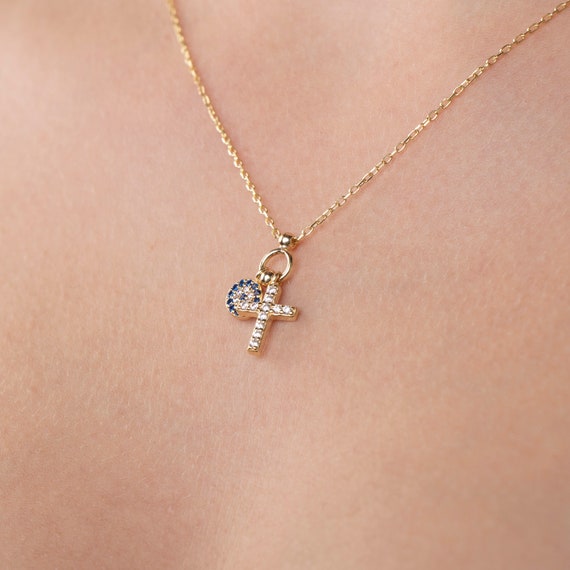 Evil Eye Cross Necklace With CZ, Gold Evil Eye Necklace, Tiny Cross Necklace, Cross Pendant For Women, Gift For Her
