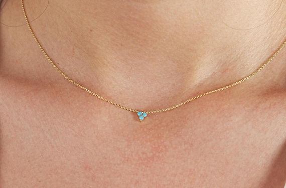 Delicate 14k Gold Necklace with Tiny Blue Turquoise Flower Pendant - Handmade Fine Jewelry Gift for Her
