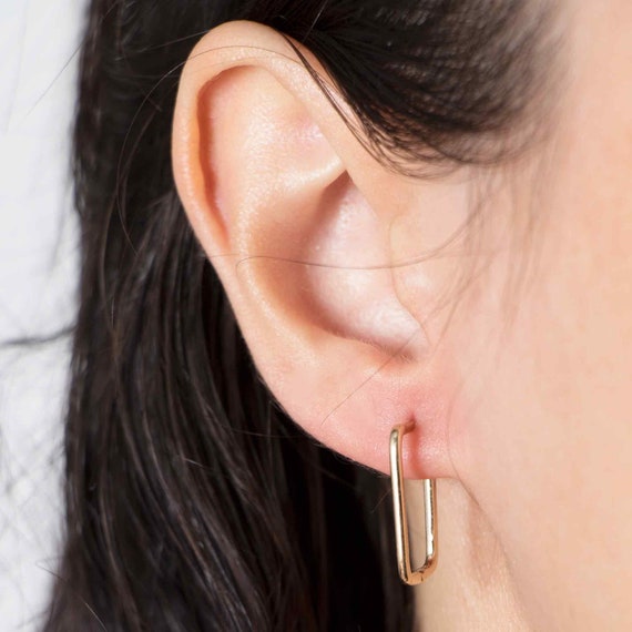 Elegant 14k Solid Gold Rectangle Link Hoops: Dainty Minimalist Huggie Earrings for Everyday Wear