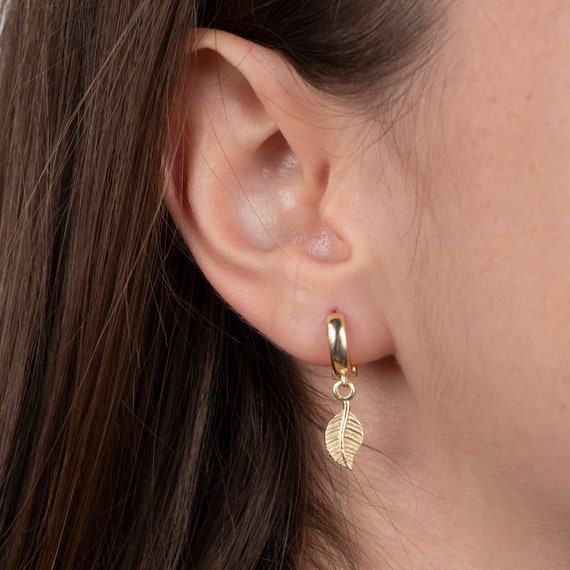 Leaf Hoop Earrings, Gold Leaf Charm Hoops, Small Hoop Earrings with Leaf Charm, Huggie Hoop Earrings, Dangle and Drop Earrings