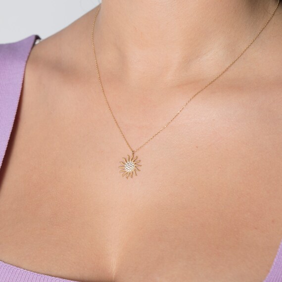 Dainty 14k Solid Gold Sun Pendant Necklace - Celestial Jewelry Gift for Women