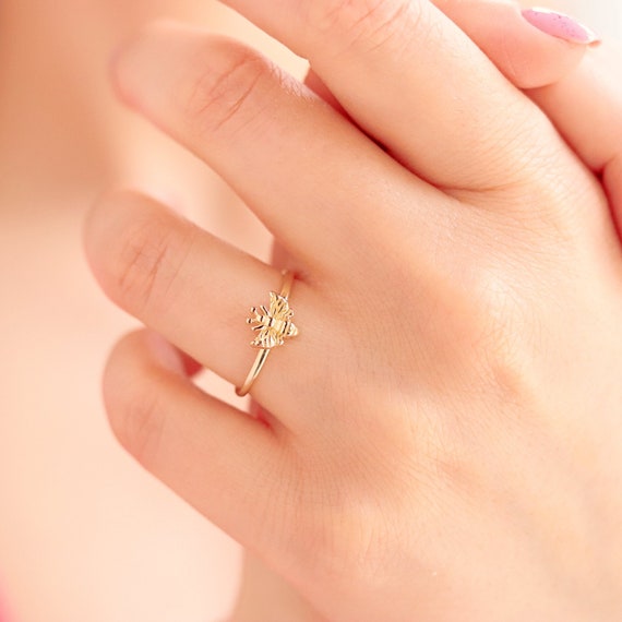 Delicate 14k Gold Honey Bee Ring - Minimalist Stackable Nature-Inspired Jewelry for Women