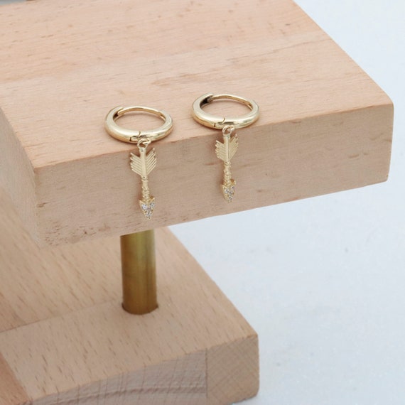 14K Gold Huggie Hoop Earrings, Hoops With Arrow Charm, Huggie Earrings, Solid Gold Earrings