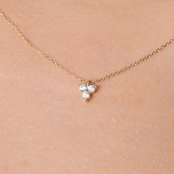 14K Gold Trio Necklace, Dainty Gold Necklace, Simple Gold Necklace, Cute Necklace, CZ Three Stone Necklace, Bridesmaid Gift