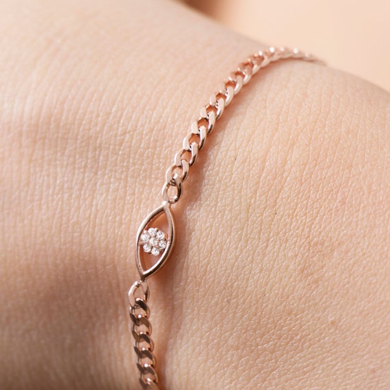 Gold Evil Eye Bracelet, CZ Rose Gold Eye Bracelet, Dainty Gold Bracelet, Protection Bracelet, Evil Eye Jewelry