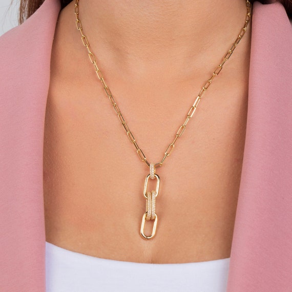 Chunky Paperclip Necklace, Gold Link Chain Necklace, CZ Statement Necklace, Interlocking Necklace, Gift For Her