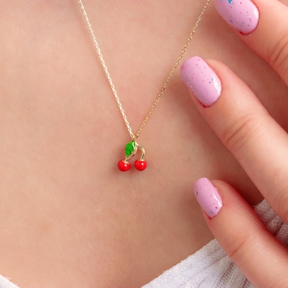 Dainty 14k Gold Cherry Pendant Necklace: Minimalist Fruit Jewelry for Summer Beach Outfits