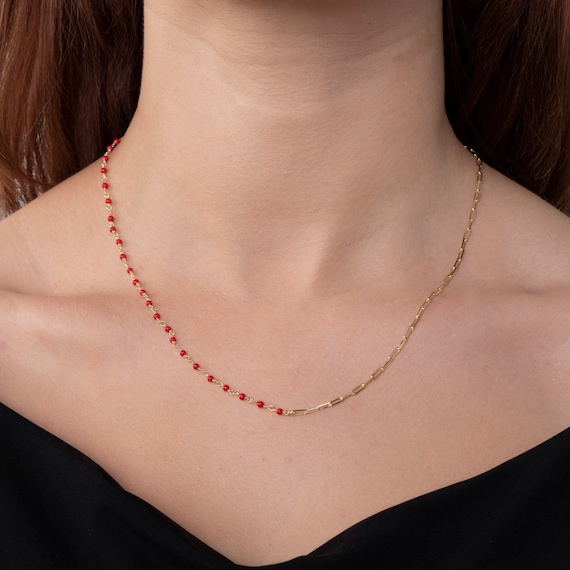 Elegant Coral Gemstone Choker: Minimalist Beaded Chain Necklace, Handmade Gift for Women