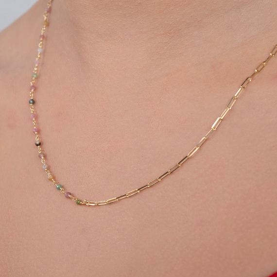 Multi Color Tourmaline Necklace, Tiny Colorful Necklace, Gemstone Beaded Necklace For Women, Delicate Gemstone