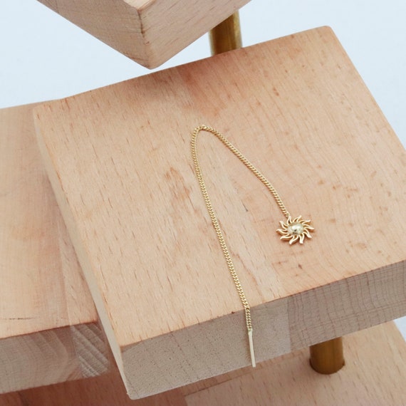 14k Solid Gold Star Chain Threader Earrings with Cuff - Minimalist Celestial Dainty Ear Jewelry