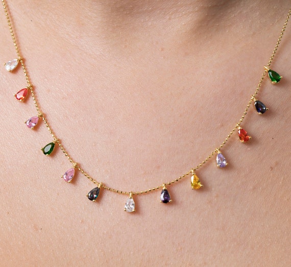 Multi Color Station Necklace, Gemstone Necklace, Station Necklace, Gemstone By The Yard Necklace, Dainty Gold Necklace, Colorful Necklace