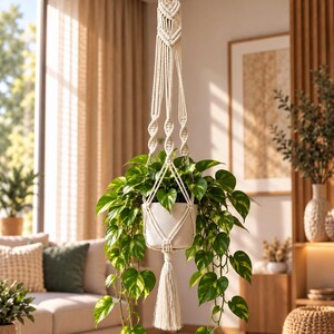 Peut inclure: Une suspension pour plantes en macramé de couleur crème avec des motifs de nœuds complexes et un anneau en bois au sommet. Elle soutient un pot blanc contenant une plante pothos verte aux feuilles en forme de cœur, avec un long pompon.