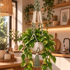 Op de afbeelding: Een hangende plantenhouder gemaakt van crème en saliegroen koord, met ingewikkelde macraméknopen en een lange kwast aan de onderkant. De houder ondersteunt een witte keramische pot met een weelderige, hangende pothosplant met gevlekte bladeren.