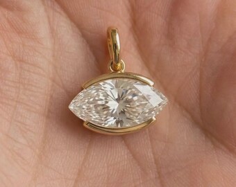 East West Pendant, 3 CT Marquise Cut Moissanite Or Lab Grown Diamond Pendant, 14K Solid Gold Pendant, Antique Half Bezel Setting Pendant
