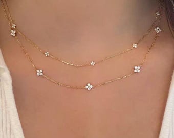 14K Gold Diamond Station Necklace | Four Leaf Clover Star Necklace | Dainty or Large Diamond Chain | Everyday Fine Jewelry