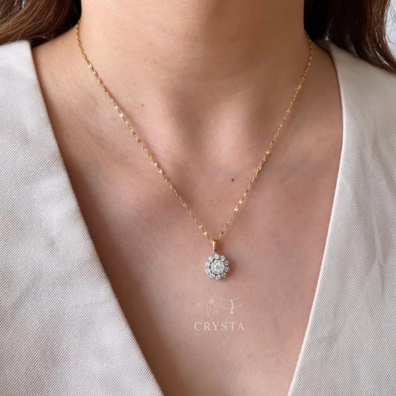 Back Petal Flower Style Pendant, Round Cut Lab Grown Diamond Pendant, 14K Solid Gold Pendant, Double Halo Setting Pendant, Gift For Her image 2