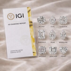 May include: An IGI Diamond Report card next to nine loose diamonds in various cuts: round, oval, cushion, emerald, pear, marquise, radiant, asscher, and heart. The report features the IGI logo and the text Laboratory Grown Diamond Report.