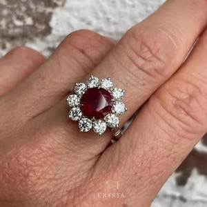 Flower Style Ring, 14K Solid Gold Ring, 1 CT Red Ruby Round Cut Halo Engagement Ring, Floral Ring, Minimalist Ring, Anniversary Gift For Her