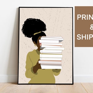 Black Woman Reading Books Wall Art, Black Girl Art Print, African American Woman Art, Woman Illustration, Afro Art