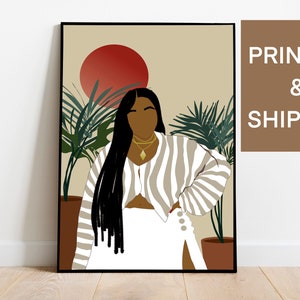 Curvy black woman art, Printed and Shipped, boho wall decor, plus size women art, african american art, big girl art, body positive art